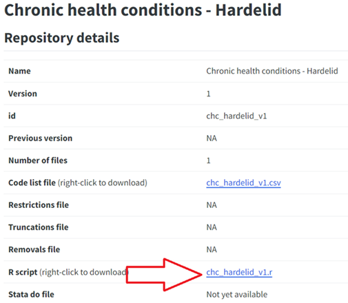 A screenshot with a red arrow showing where to download a code list's R script.